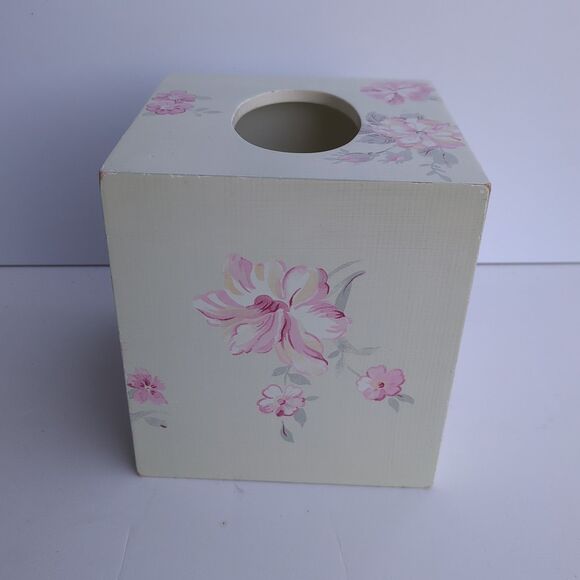 Nautica  wooden Tissue  Box  Cover pink Roses Cube cottage - Picture 3 of 5
